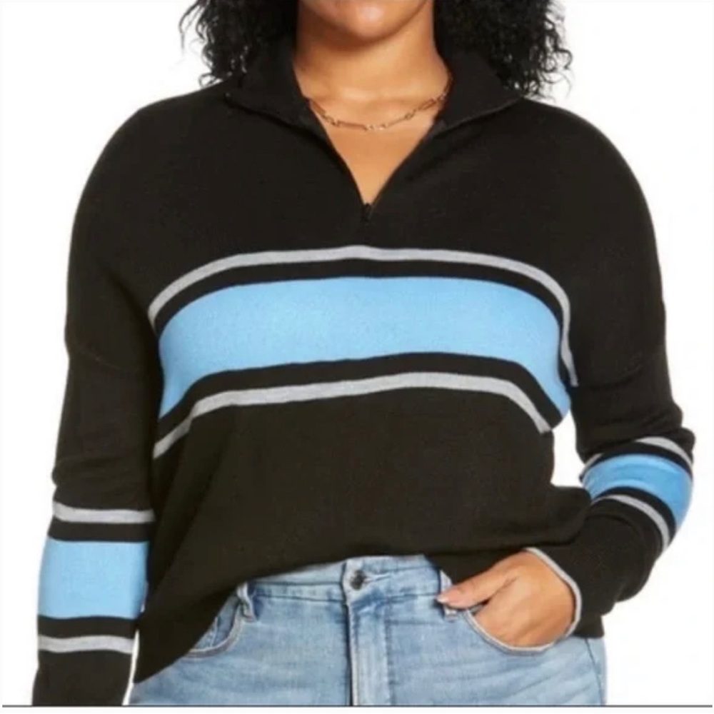 Bp relaxed blue black uneven  stripe mock neck sweater
